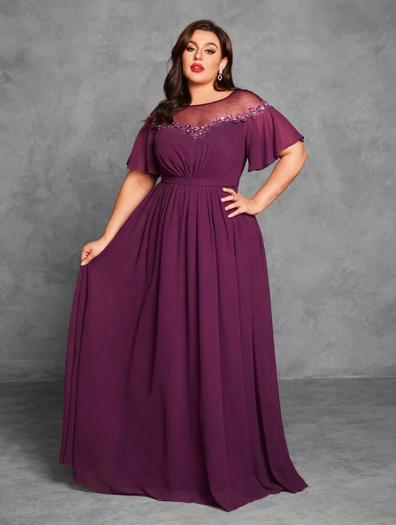 Mesh Sequin Applique Evening Dress