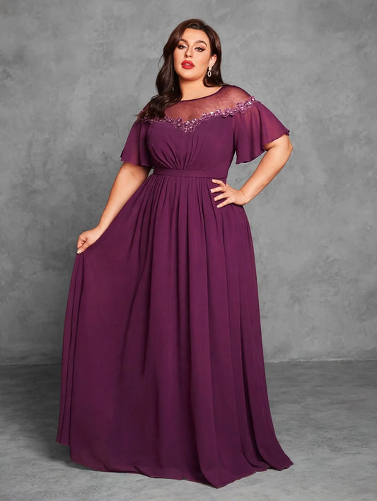 Mesh Sequin Applique Evening Dress