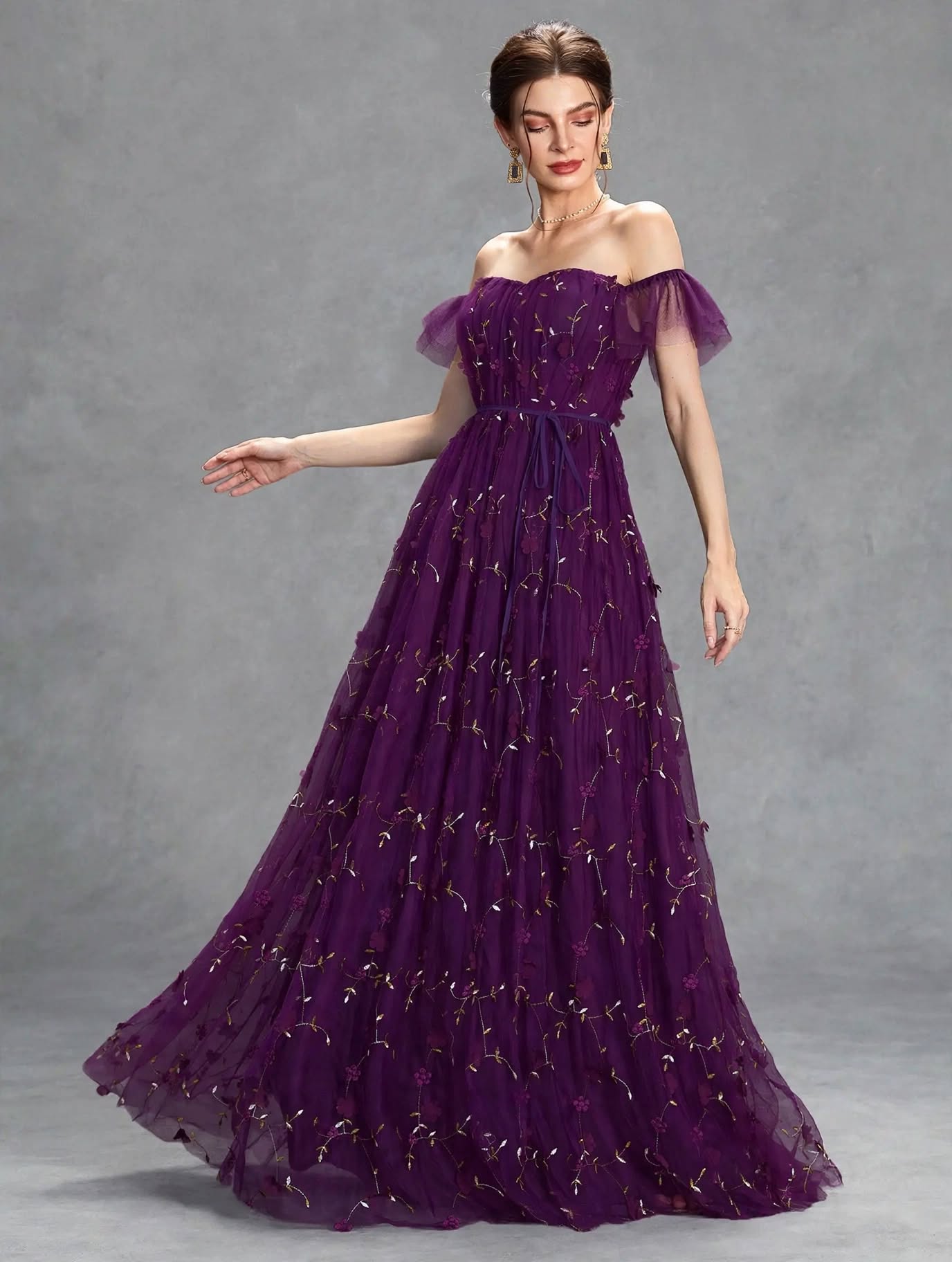 3D Embroidered Lace Evening Gown