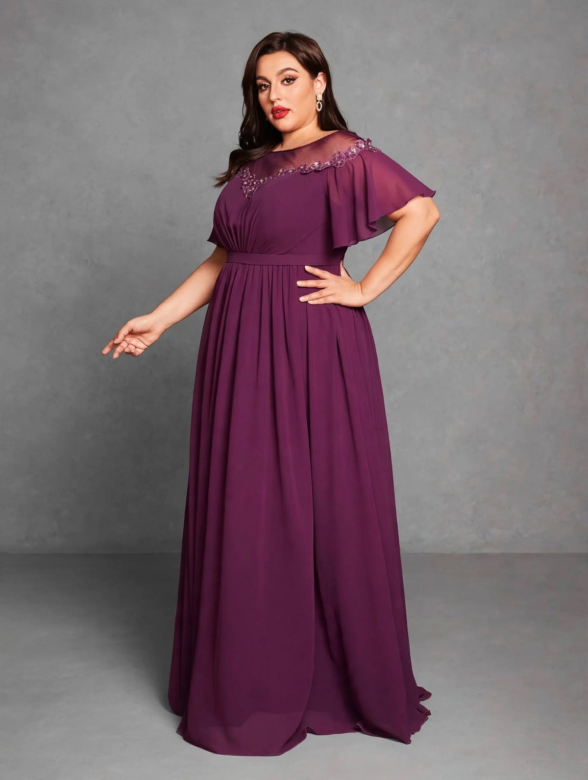 Mesh Sequin Applique Evening Dress
