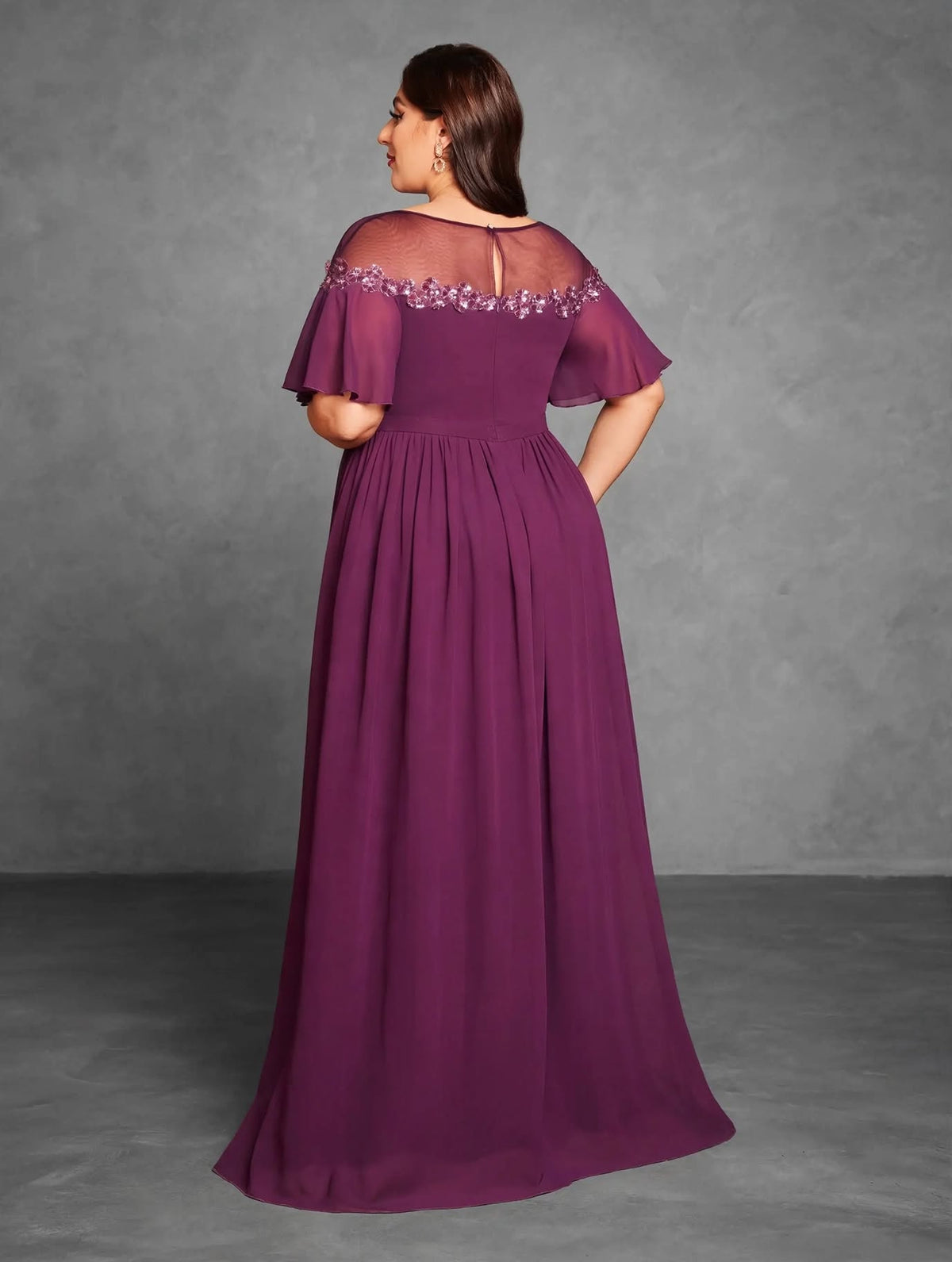 Mesh Sequin Applique Evening Dress