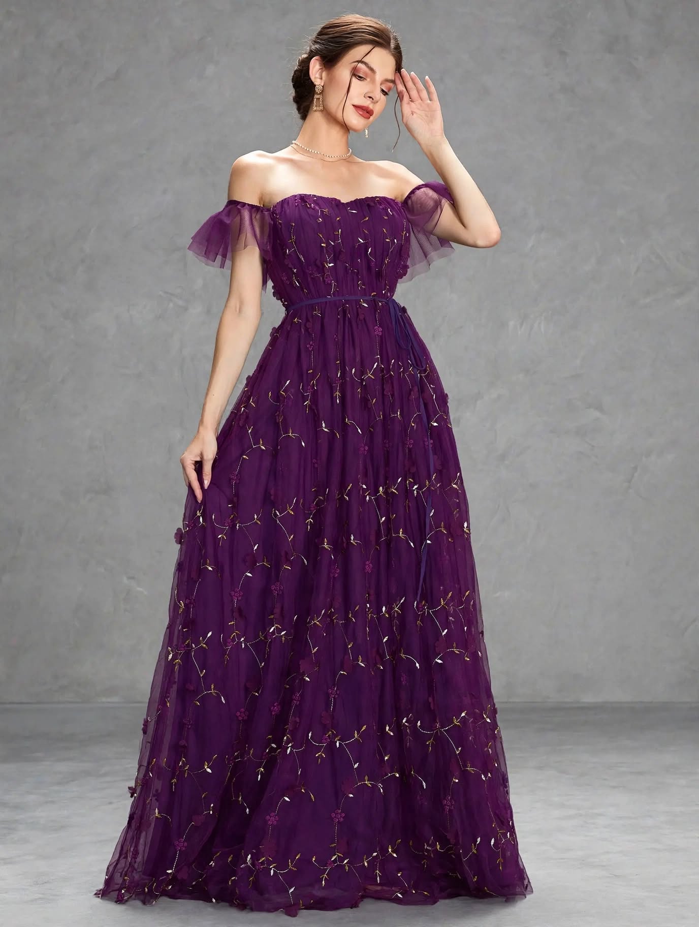 3D Embroidered Lace Evening Gown