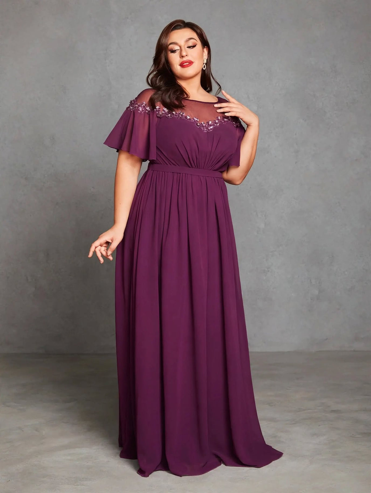 Mesh Sequin Applique Evening Dress