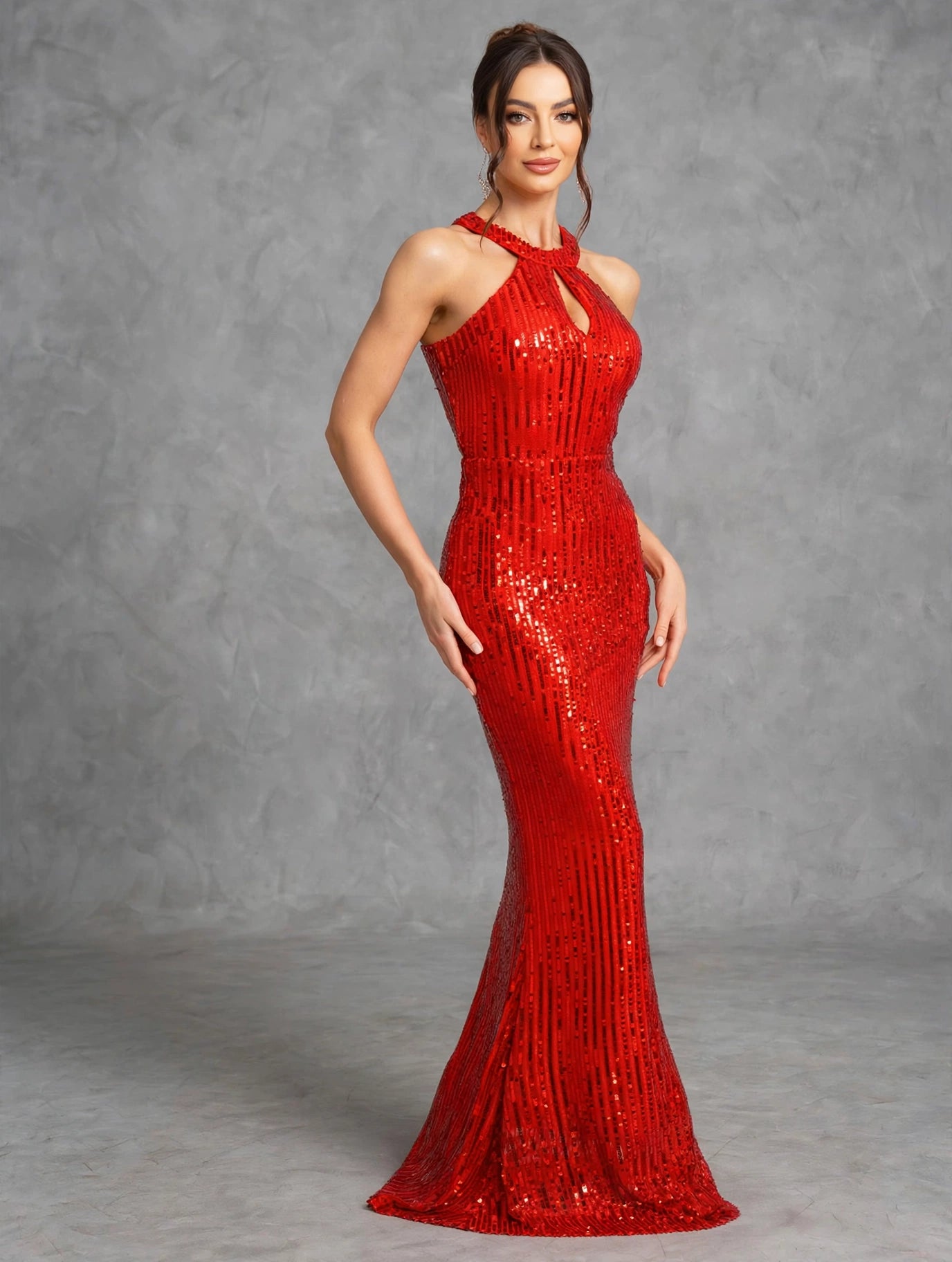 Red Sequin Off-Shoulder Mermaid Evening Gown