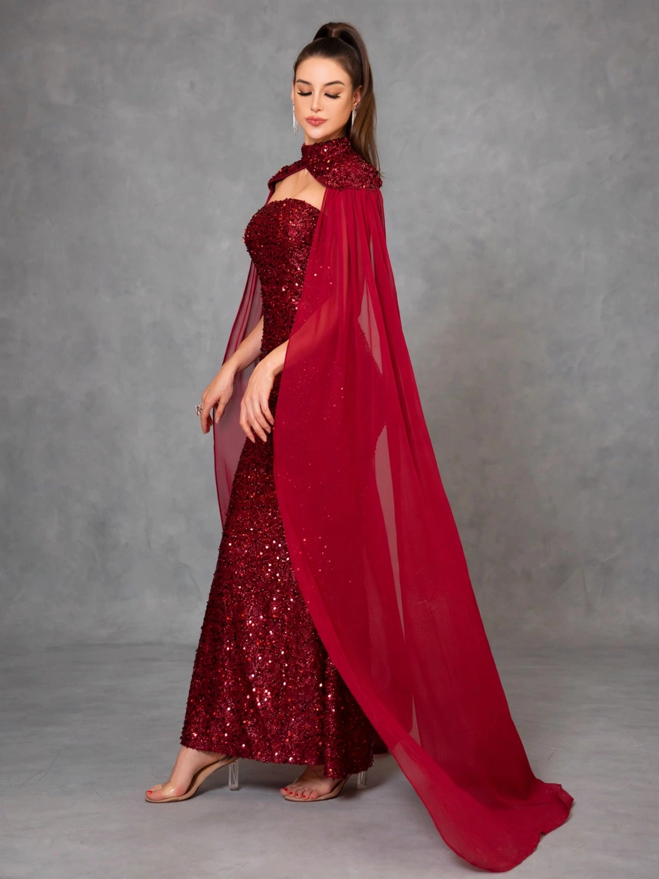 Detachable Shawl Sequin Evening Dress