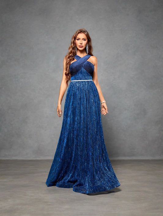 Velvet Cross Neck Ball Gown