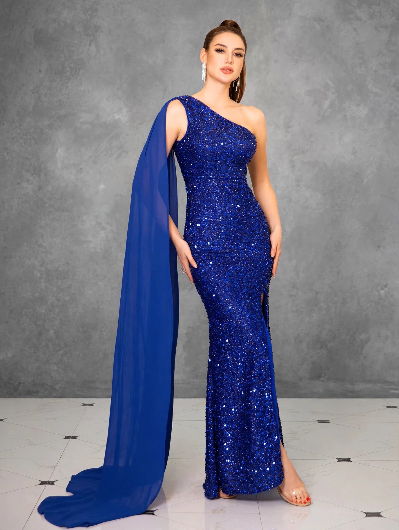 Blue Sequin One-Shoulder Slit Evening Gown