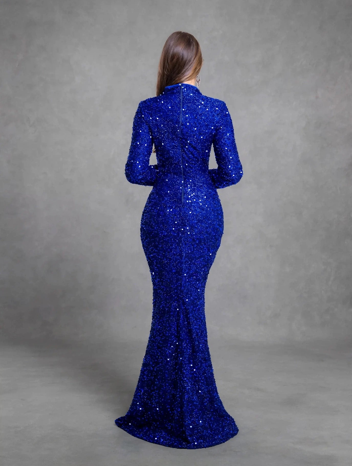 Blue Sequin Long Sleeve Evening Gown