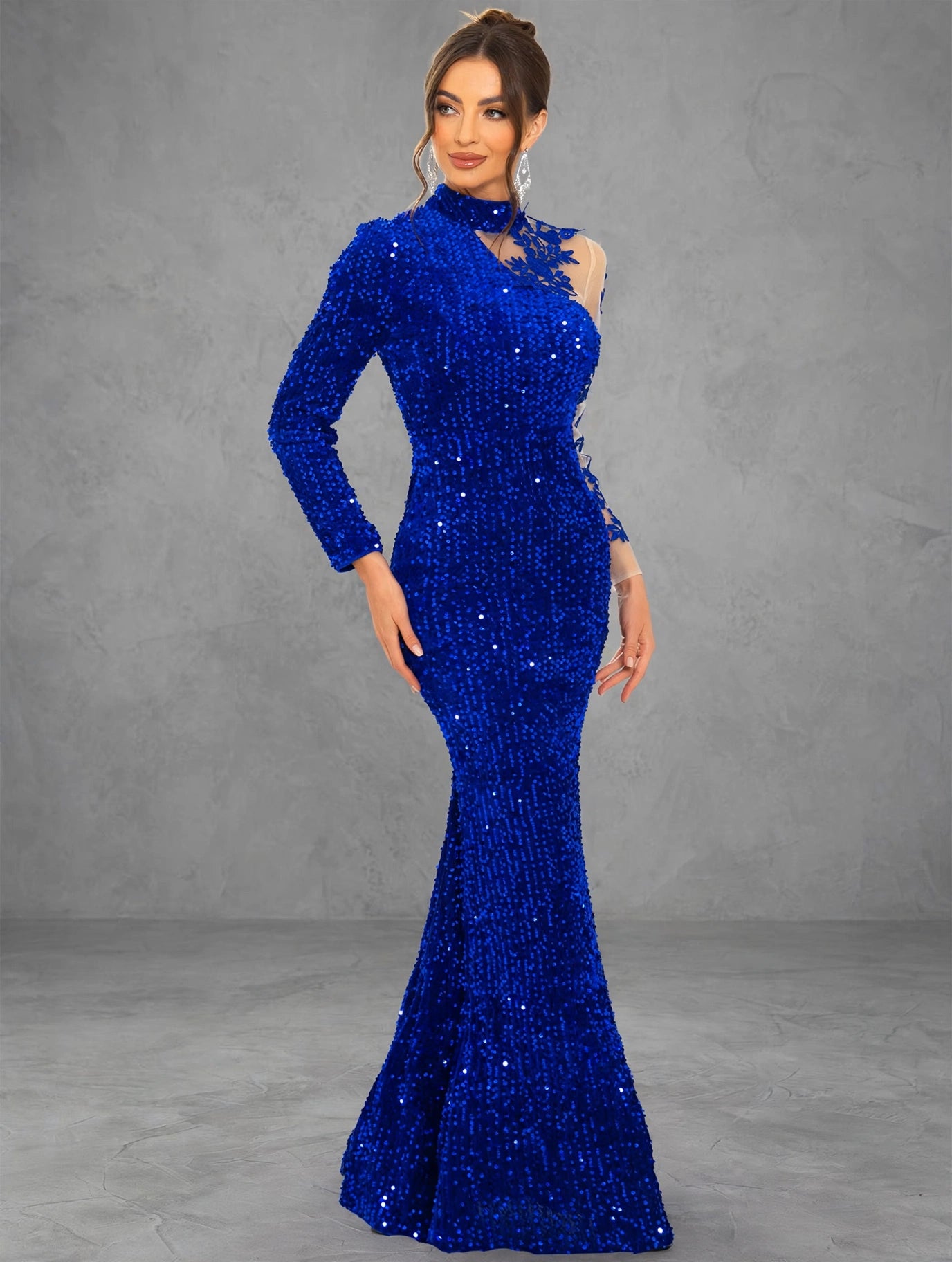 Royal Blue Mesh-Sleeve Evening Dress