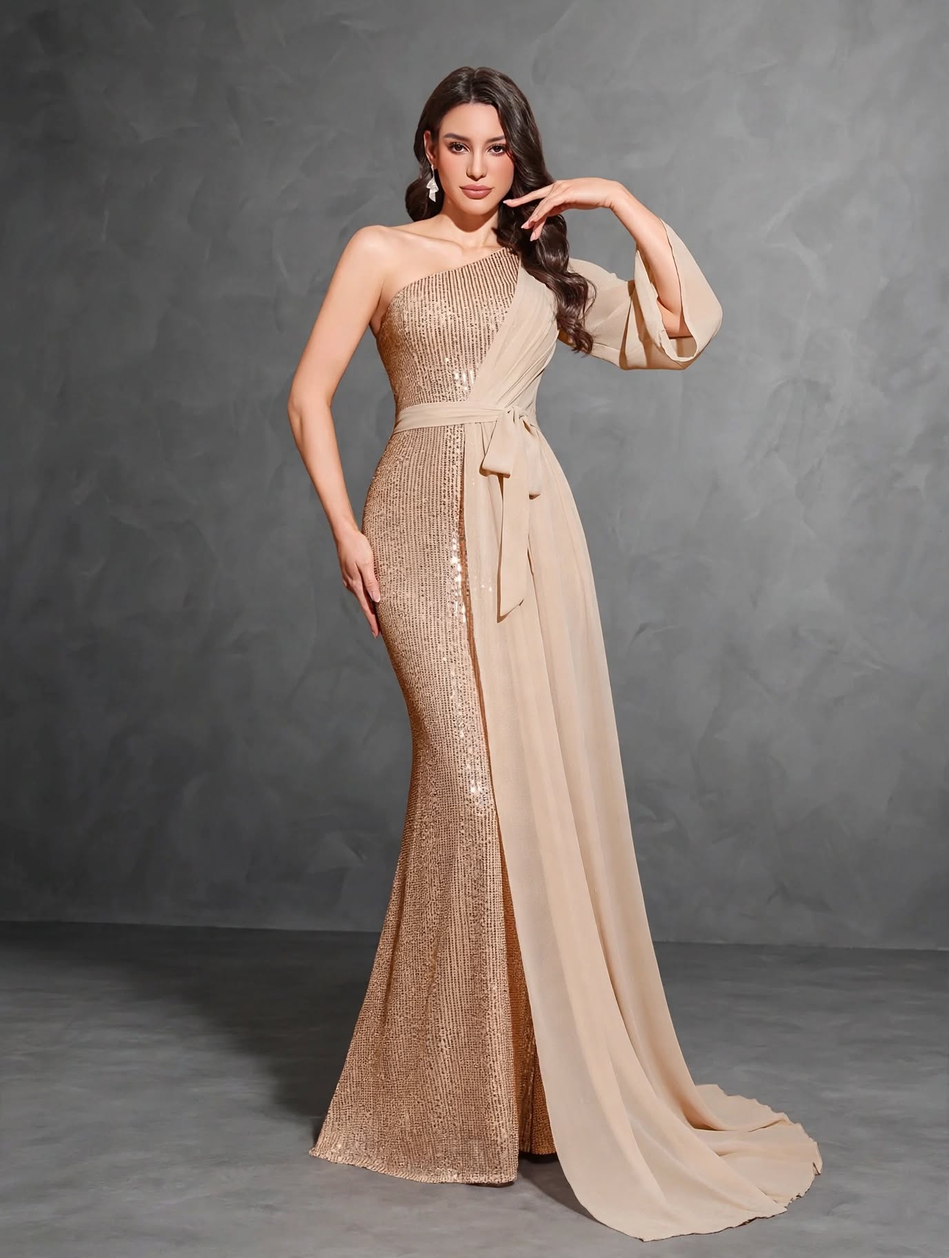 Sequined One-shoulder Chiffon Patchwork Belt-decorated Hip Dress