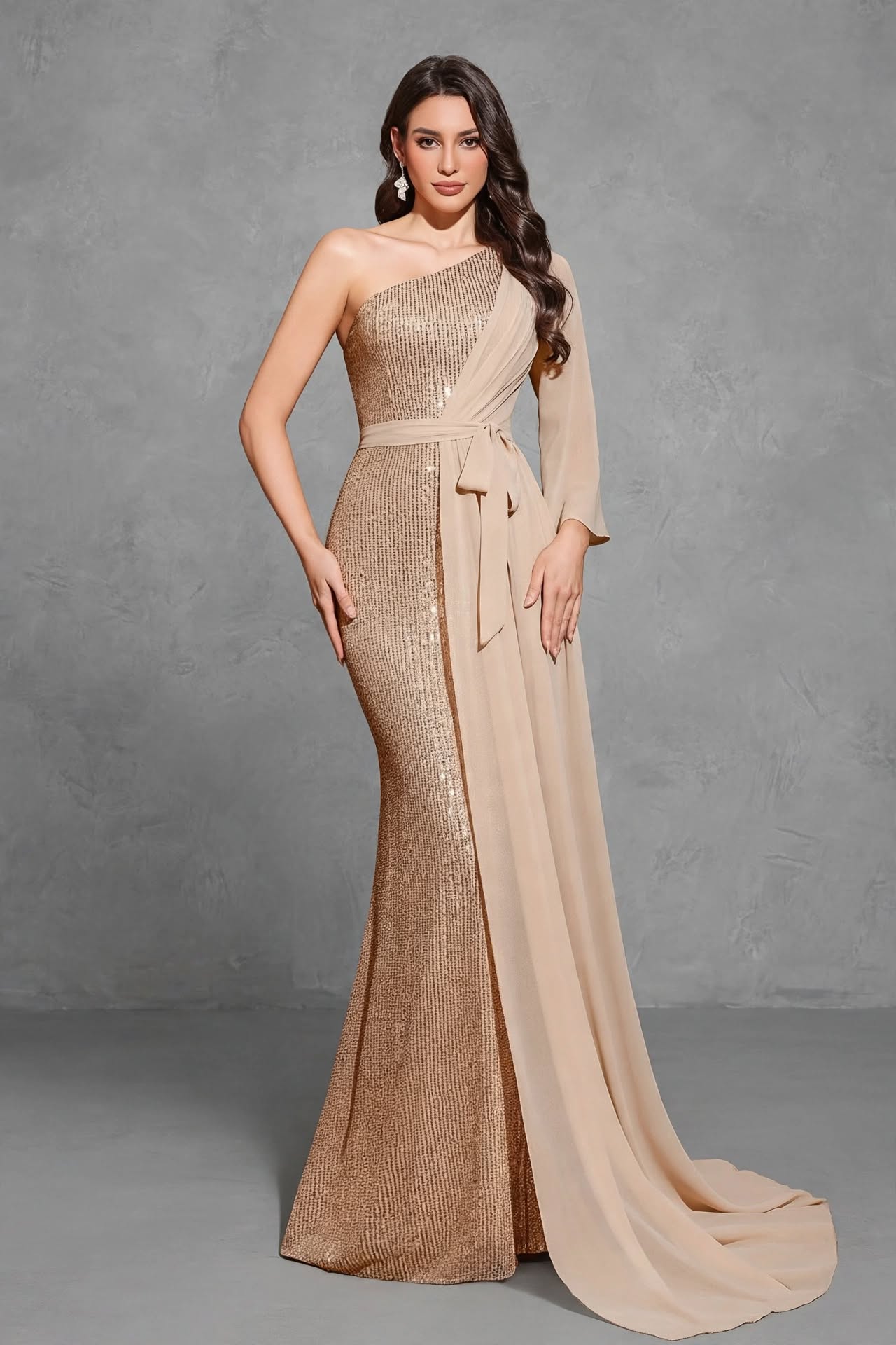 Sequined One-shoulder Chiffon Patchwork Belt-decorated Hip Dress