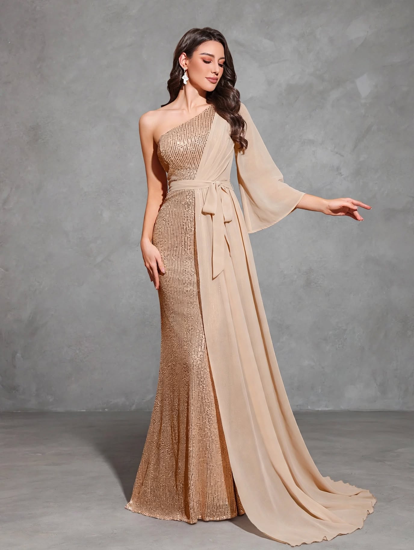 Sequined One-shoulder Chiffon Patchwork Belt-decorated Hip Dress
