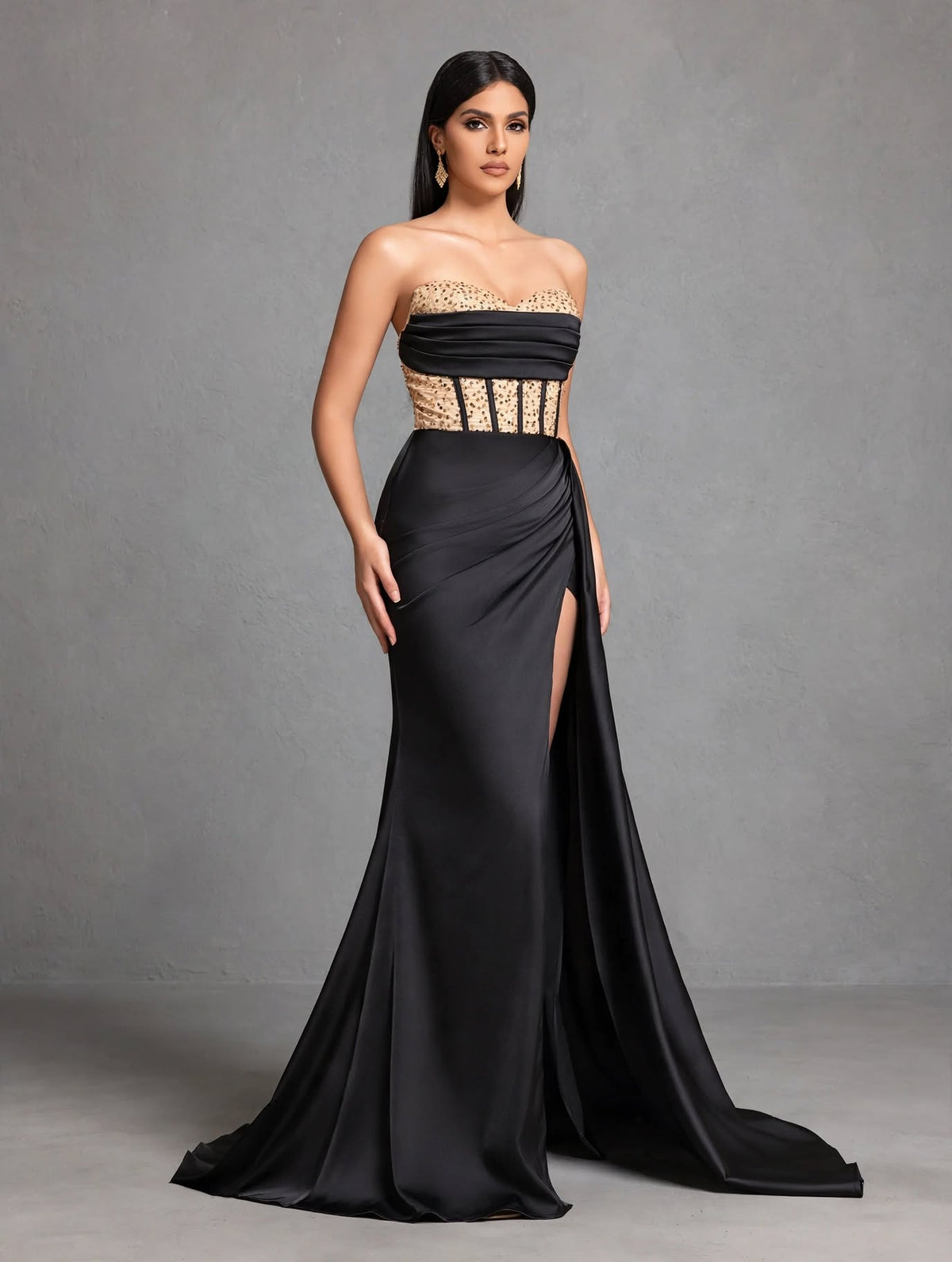 Satin Waist Slimming, Sequin Stitching, Chest Pleats, Slit Floor-length Wedding Dress