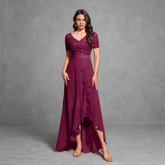 V-neck Short-sleeved Sequined Chiffon Pleated Asymmetrical Hem Dress