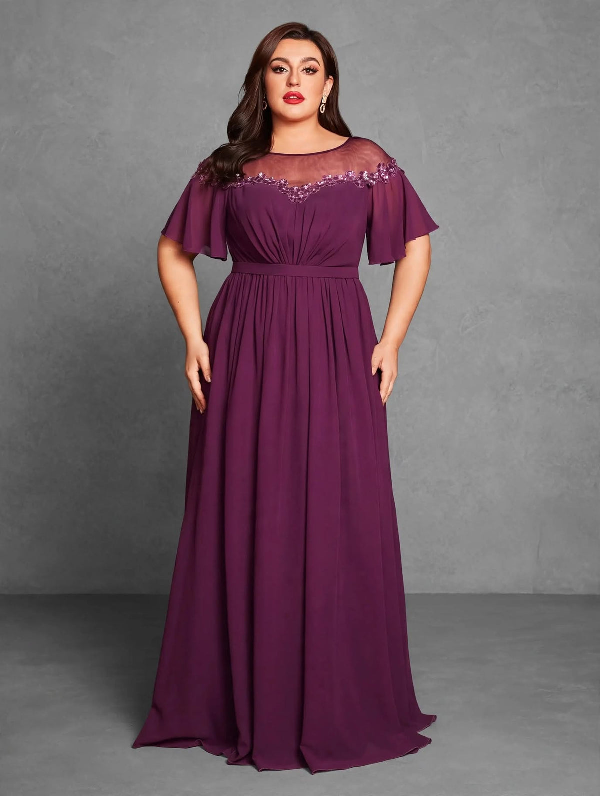 Mesh Sequin Applique Evening Dress