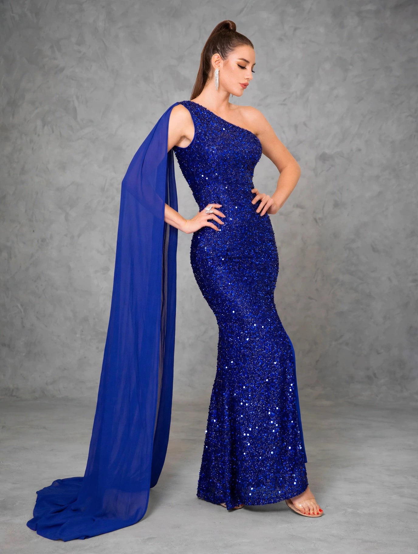 Blue Sequin One-Shoulder Slit Evening Gown