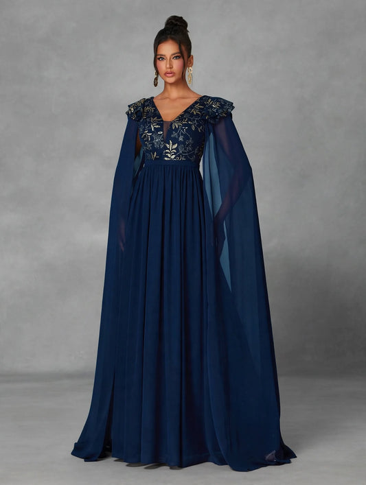 V-Neck Embroidered Sequin Ruffle Evening Dress