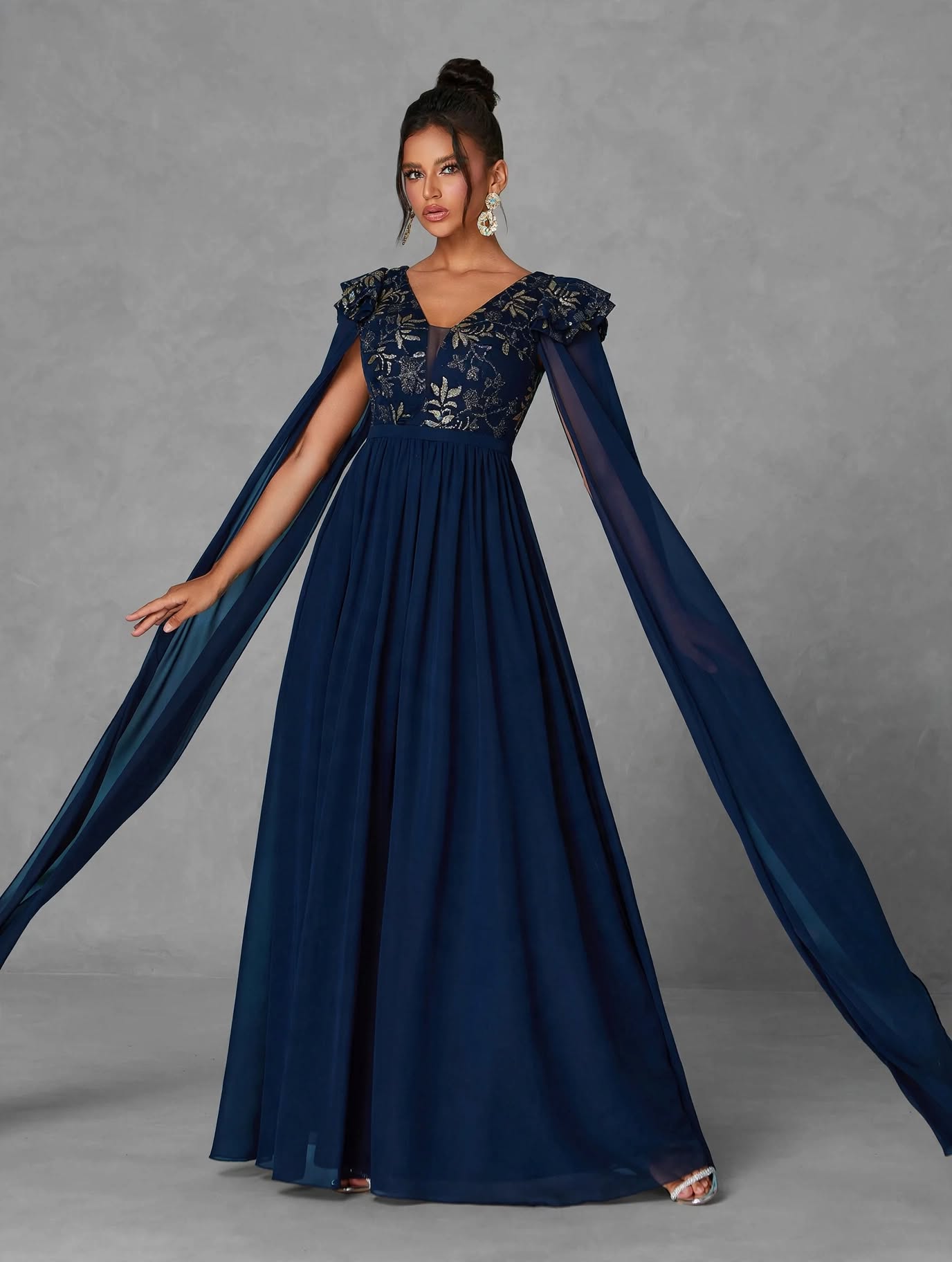V-Neck Embroidered Sequin Ruffle Evening Dress