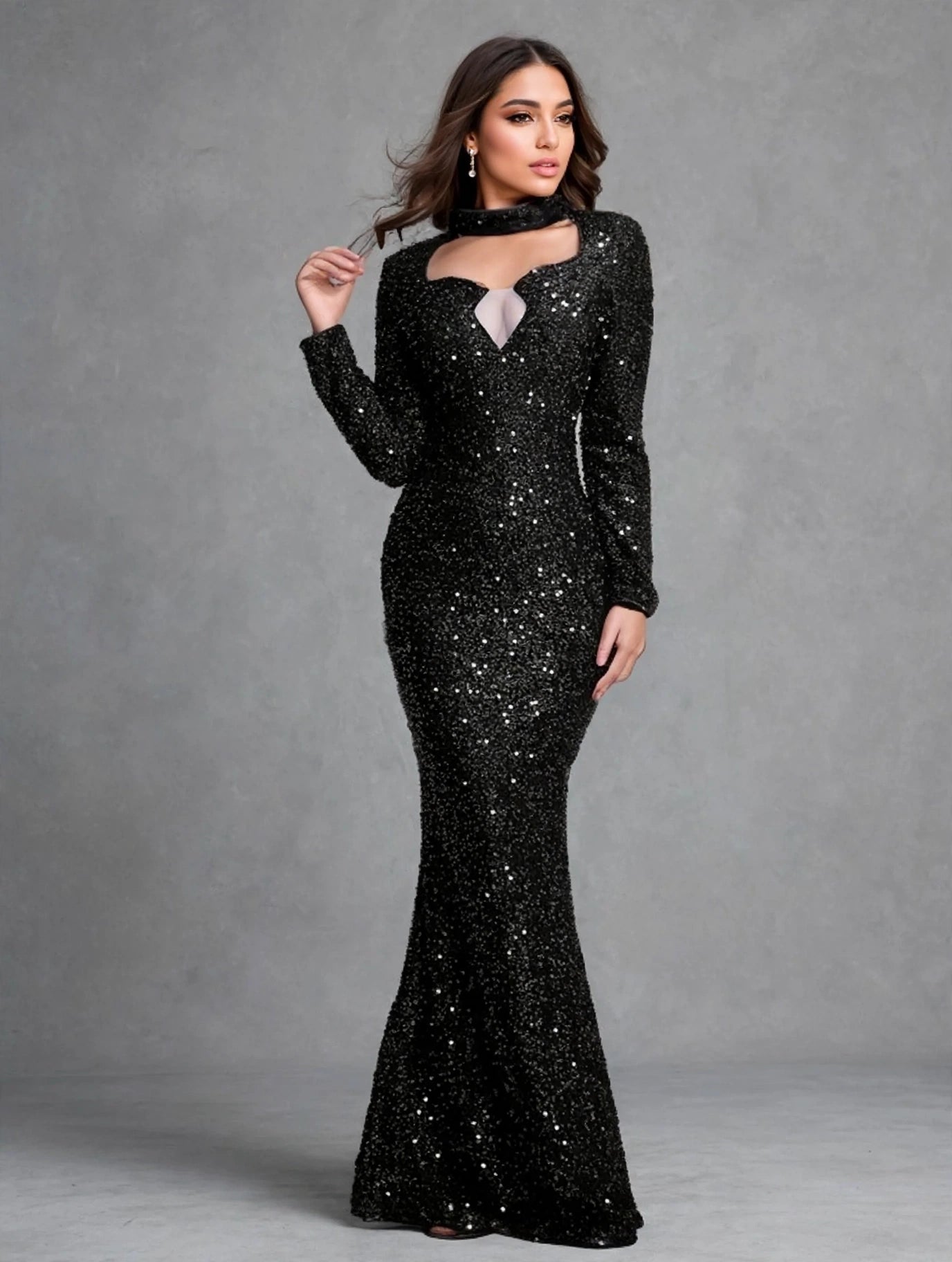 Blue Sequin Long Sleeve Evening Gown