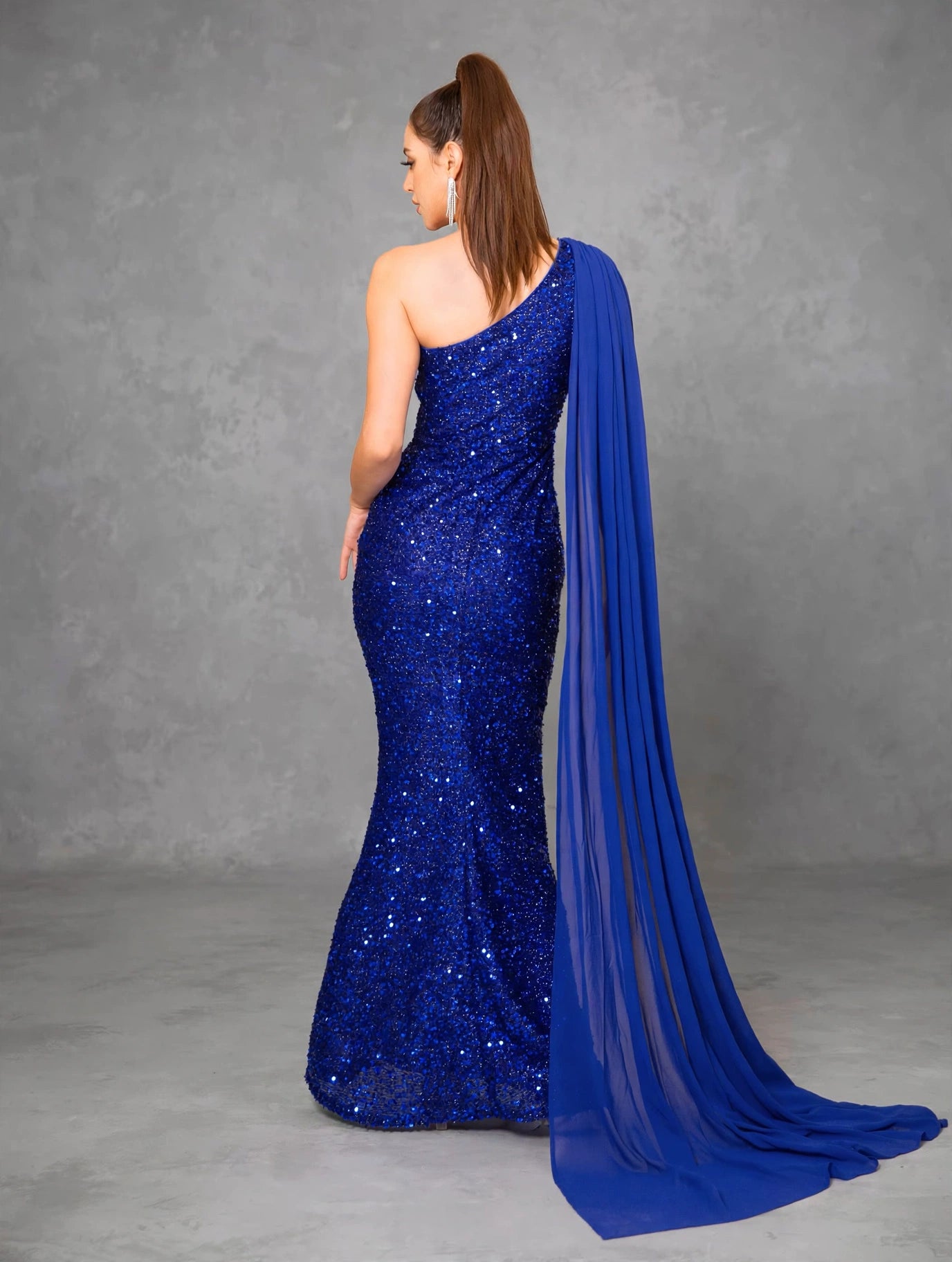 Blue Sequin One-Shoulder Slit Evening Gown
