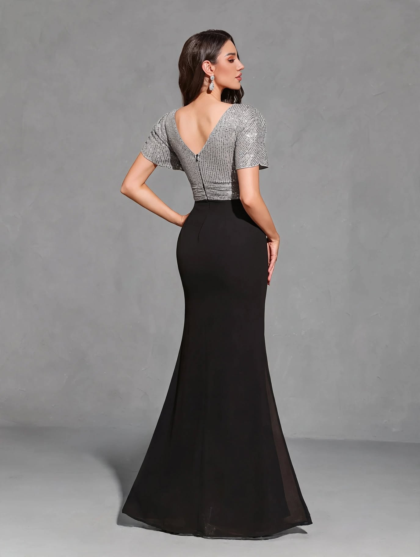 Sequined Cross Neck Chiffon Hip Slit Elegant Dress