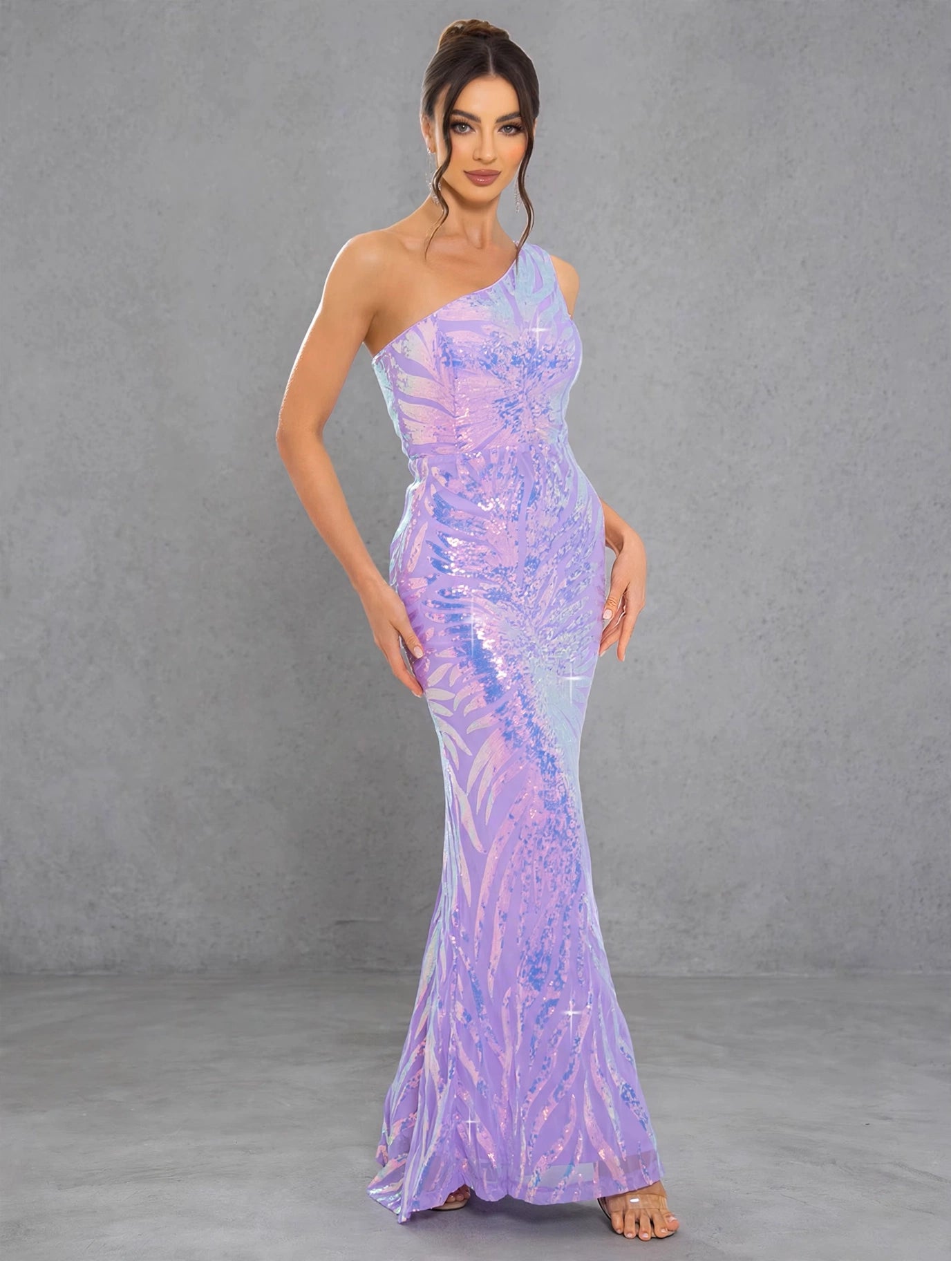 One-Shoulder Floral Sequin Evening Dress