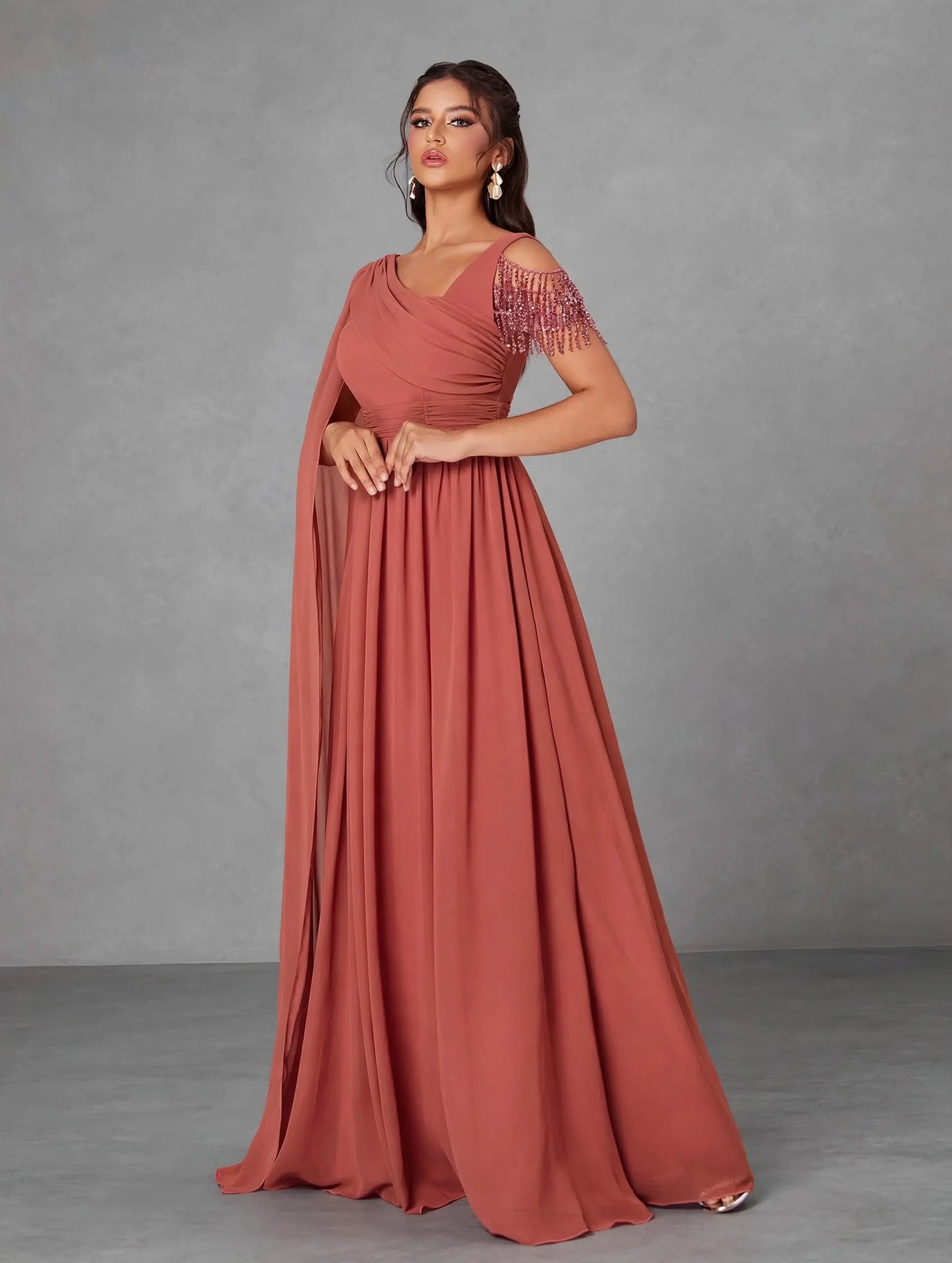Asymmetric One-Shoulder Pearl Chiffon Dress