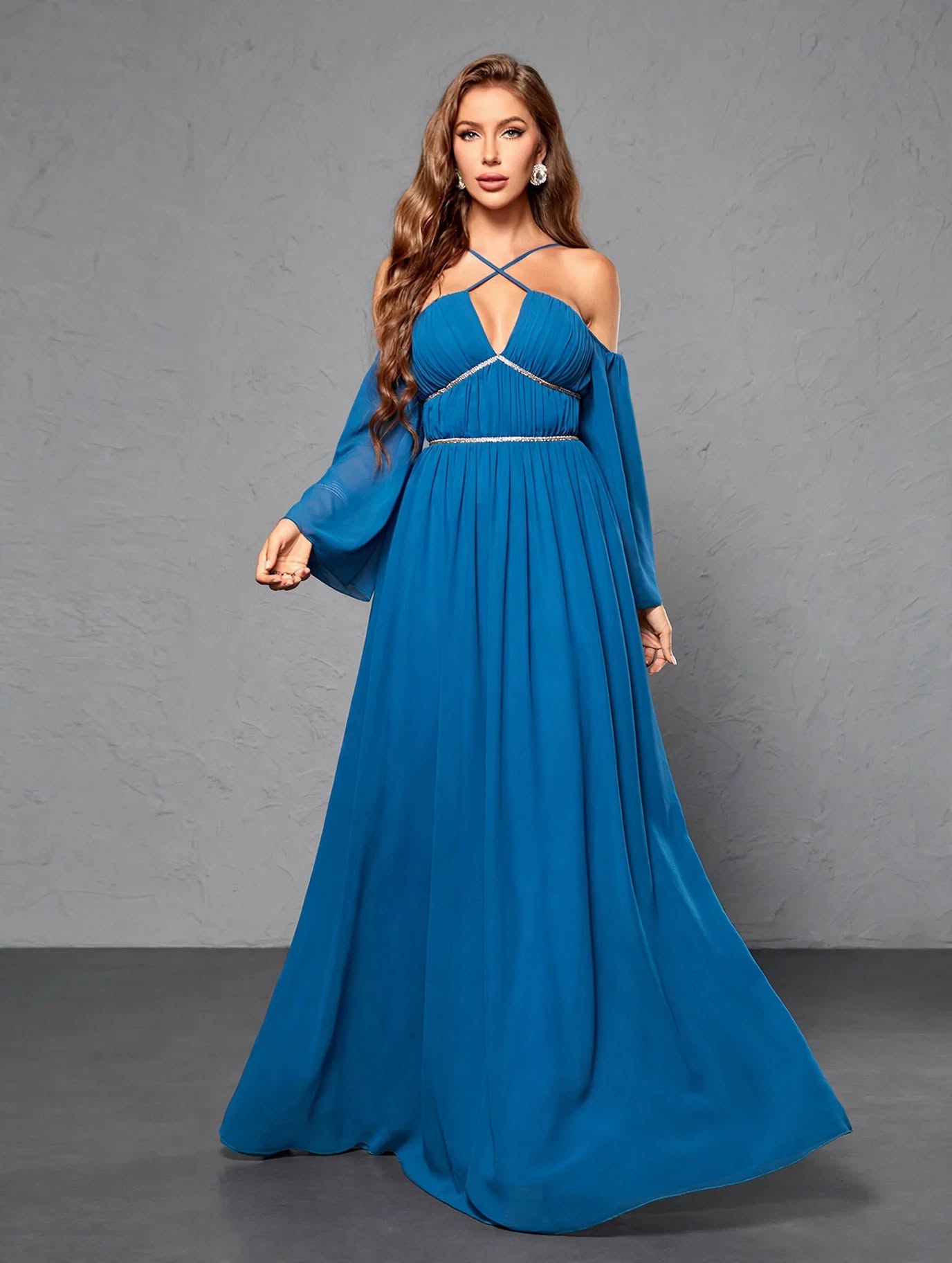 Deep V-Neck Pleated Embellished Strap Dress