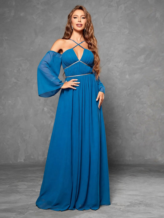 Deep V-Neck Pleated Embellished Strap Dress