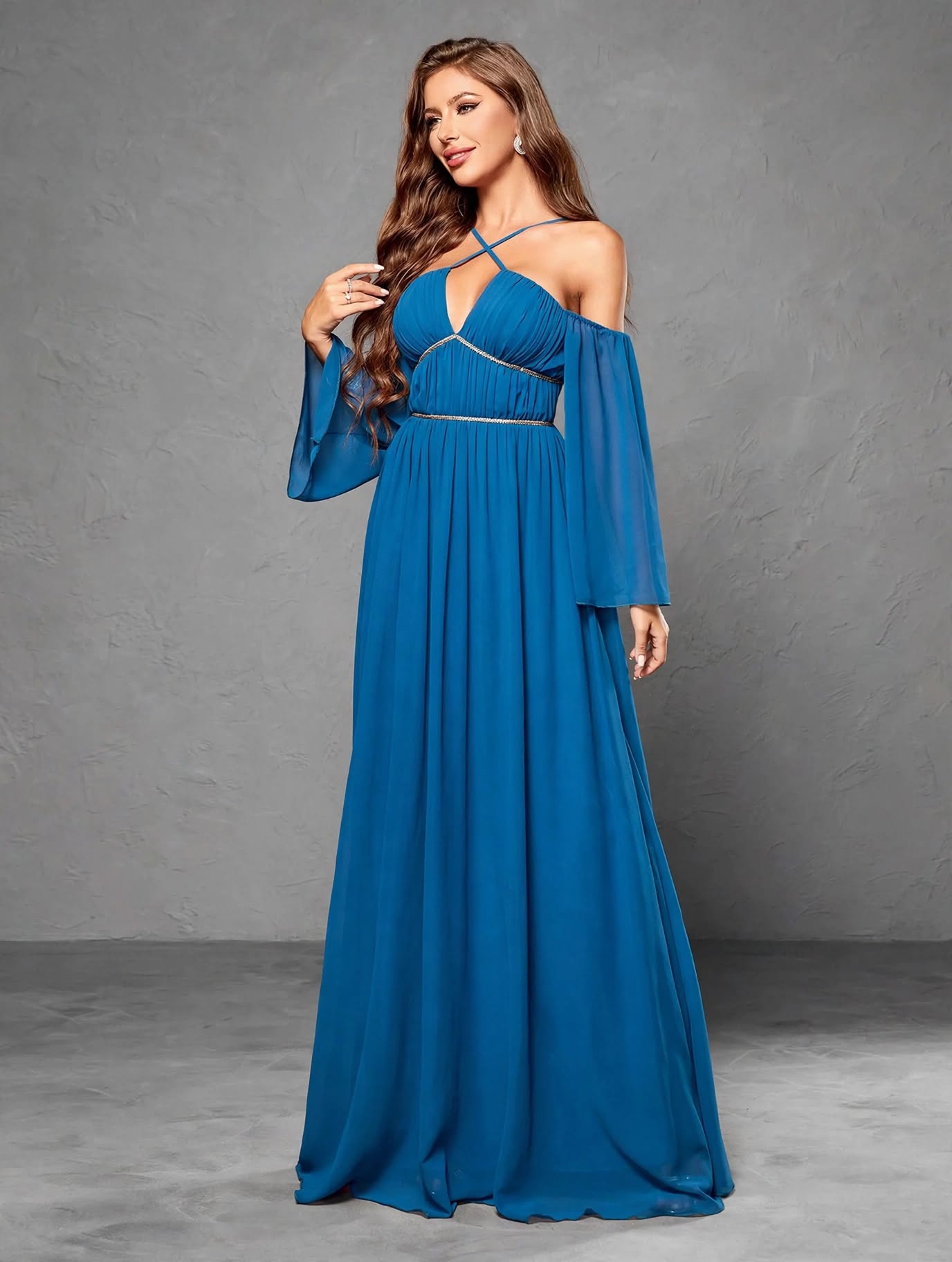 Deep V-Neck Pleated Embellished Strap Dress