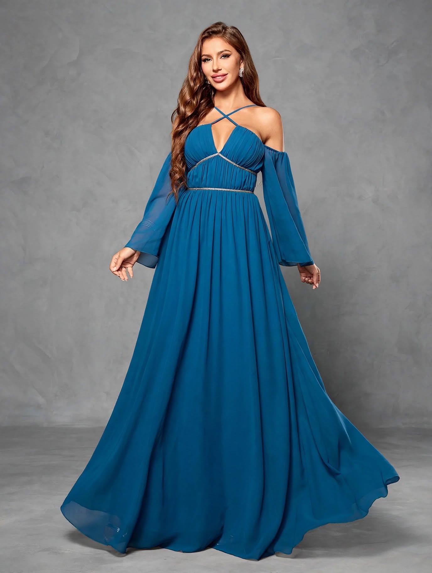 Deep V-Neck Pleated Embellished Strap Dress