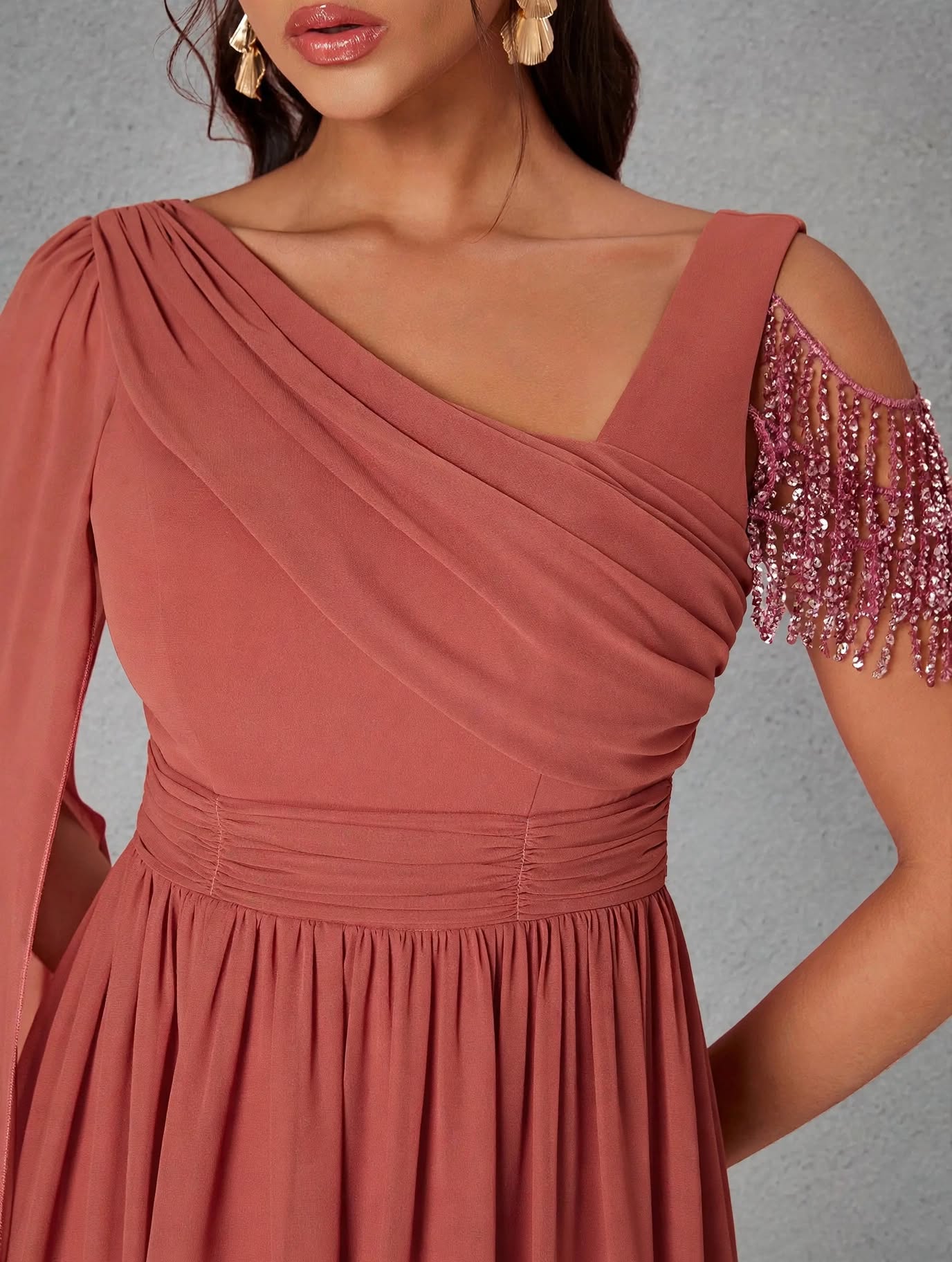 Asymmetric One-Shoulder Pearl Chiffon Dress