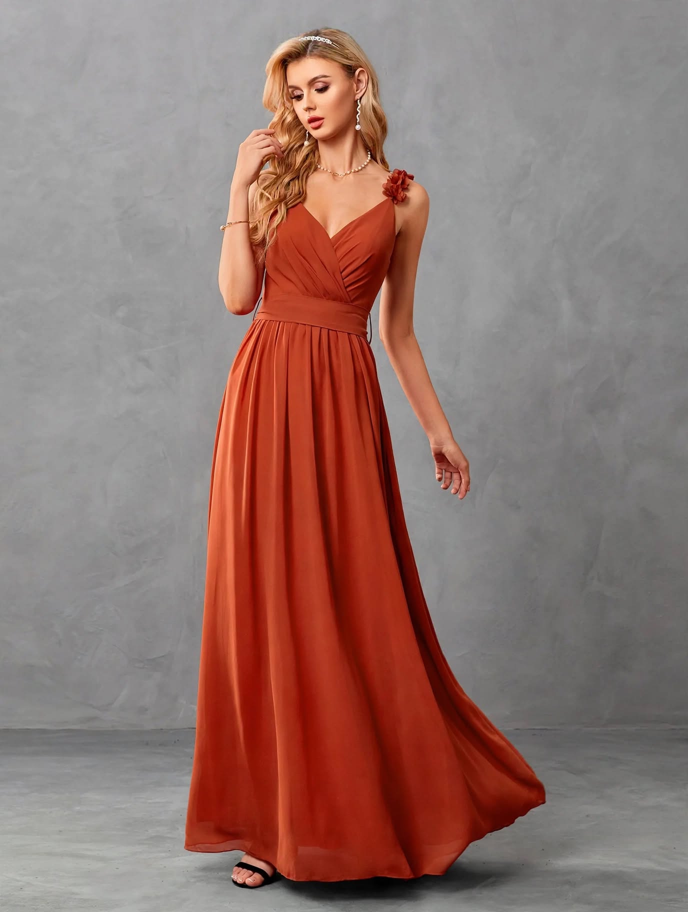 V-Neck 3D Floral Pleated Evening Gown