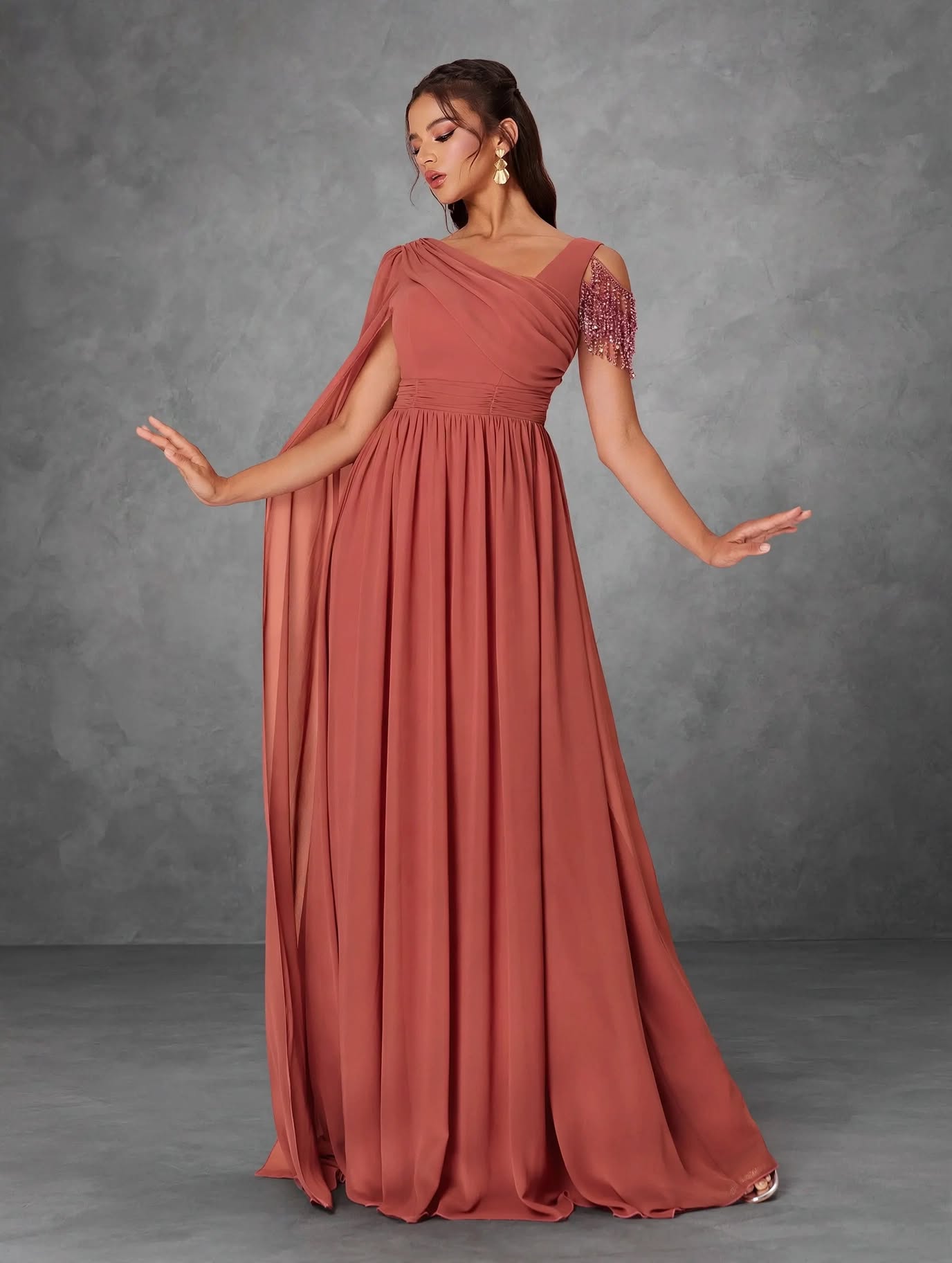 Asymmetric One-Shoulder Pearl Chiffon Dress