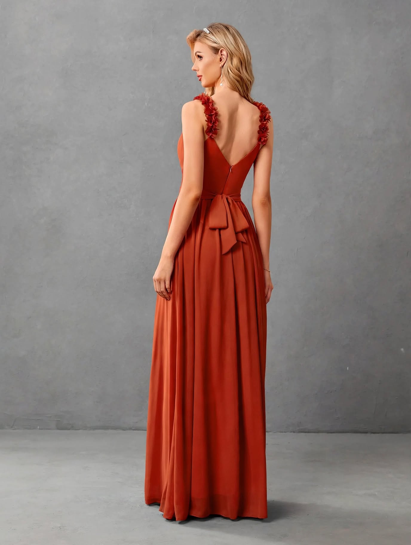 V-Neck 3D Floral Pleated Evening Gown