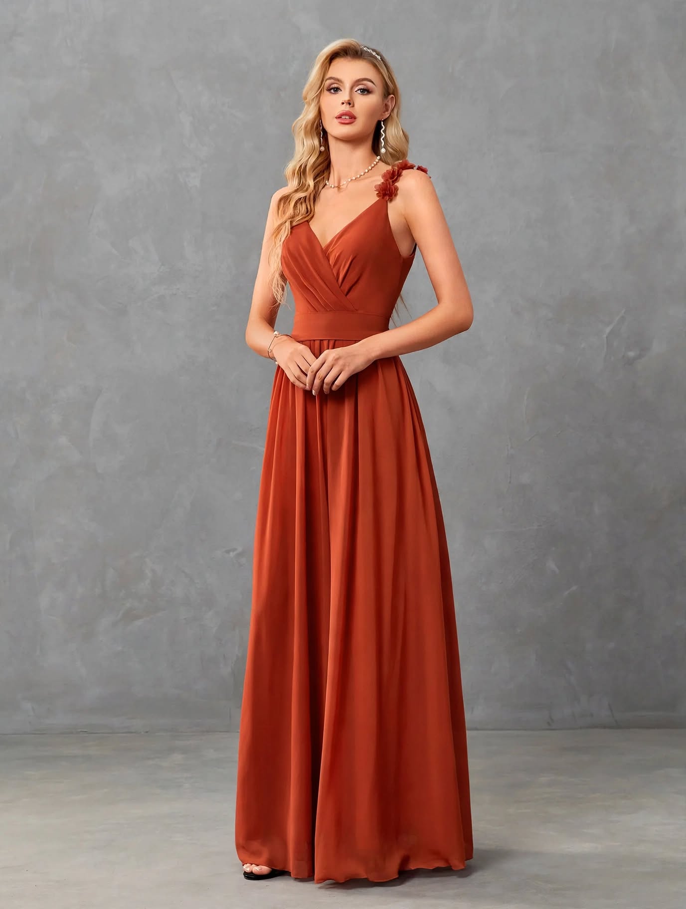 V-Neck 3D Floral Pleated Evening Gown