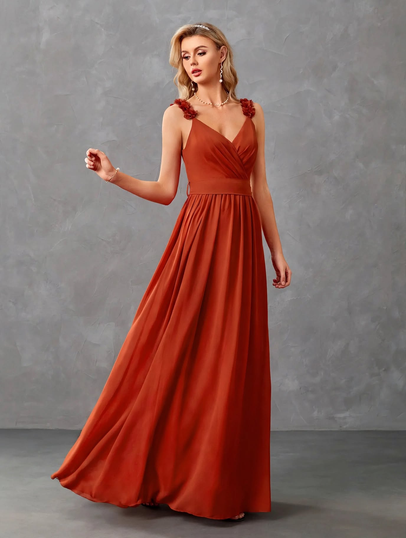V-Neck 3D Floral Pleated Evening Gown