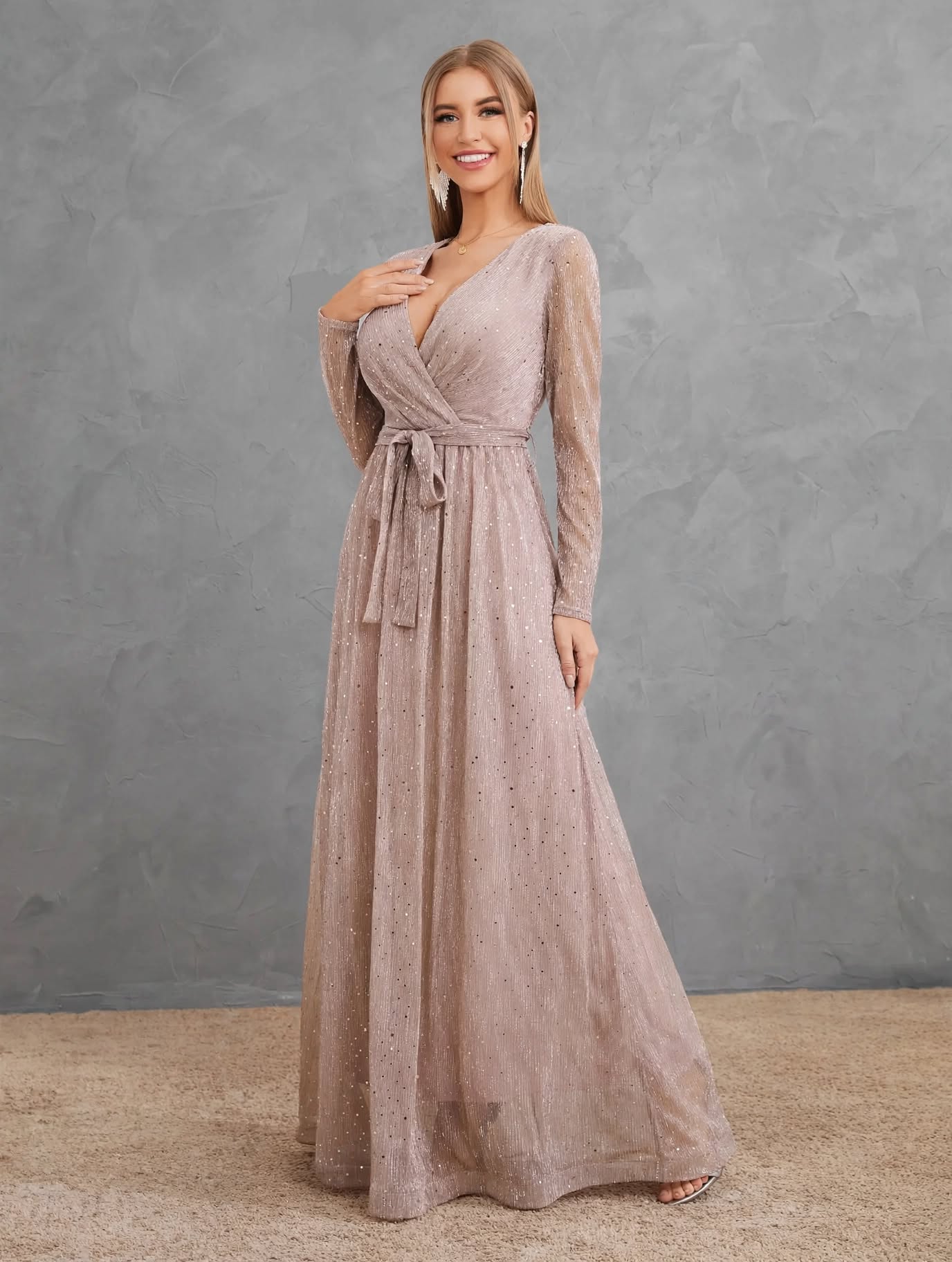 Glitter Mesh Long Sleeve Evening Dress
