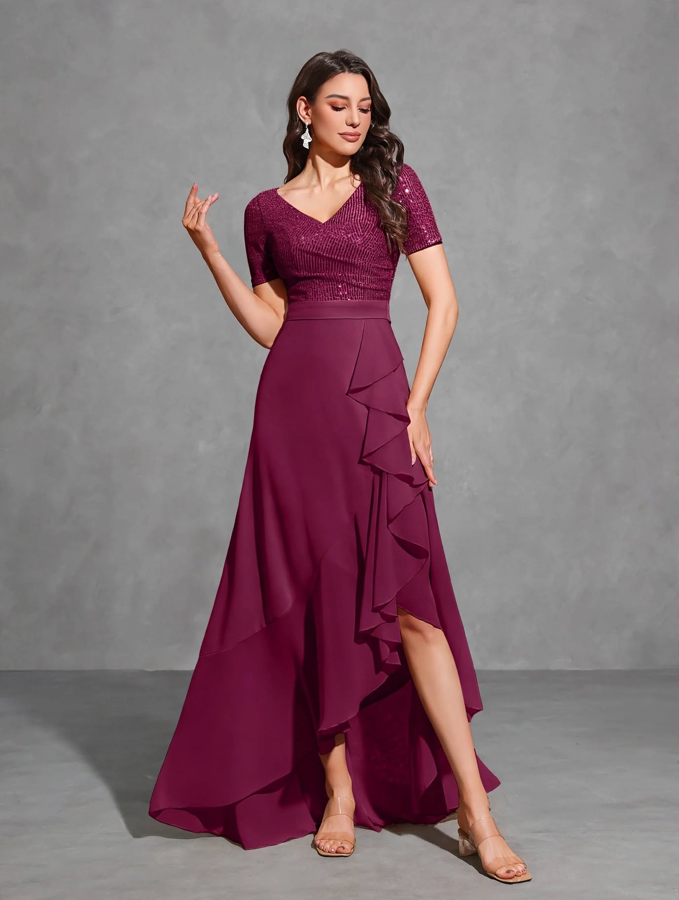 V-neck Short-sleeved Sequined Chiffon Pleated Asymmetrical Hem Dress