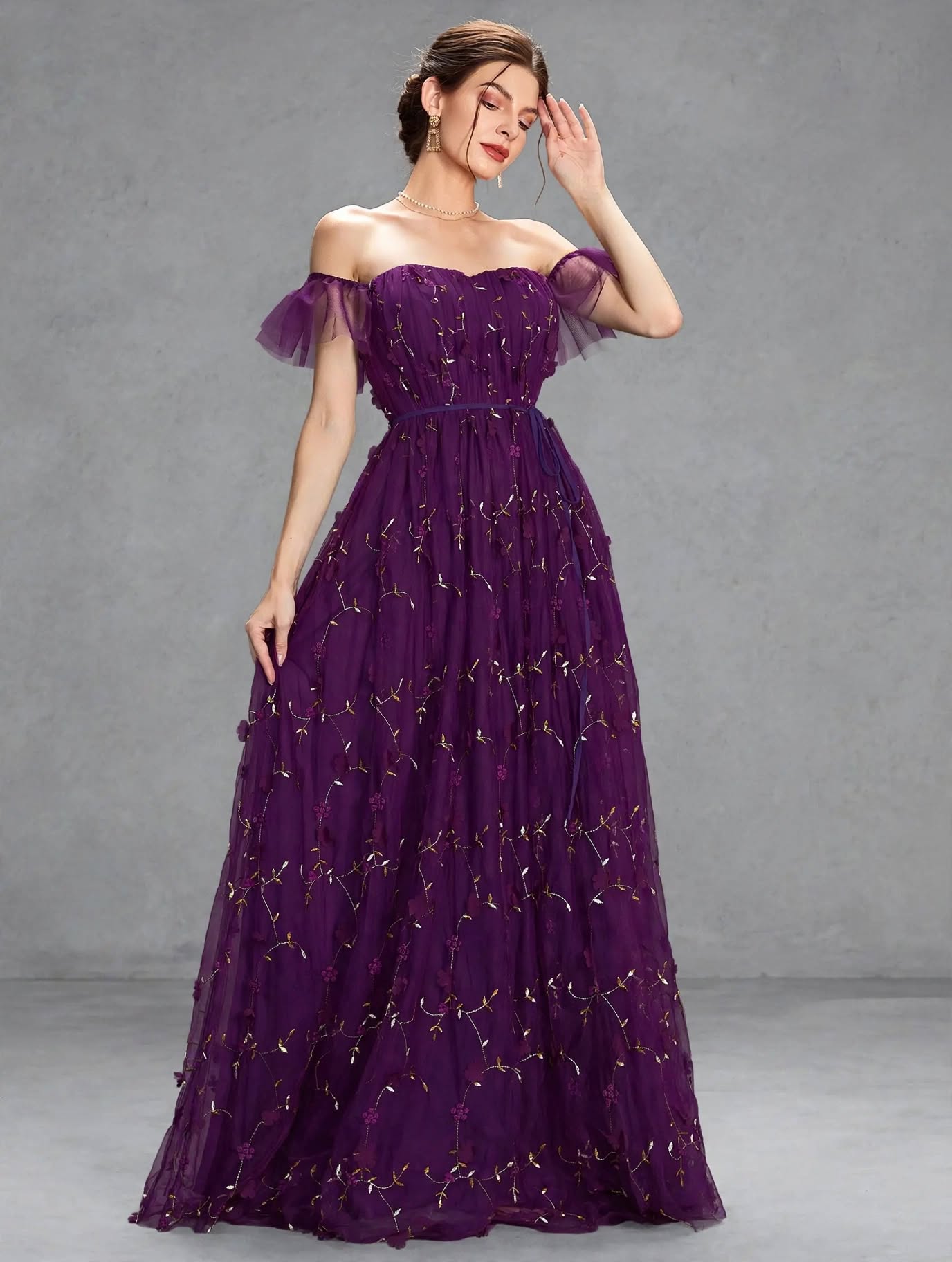 3D Embroidered Lace Evening Gown