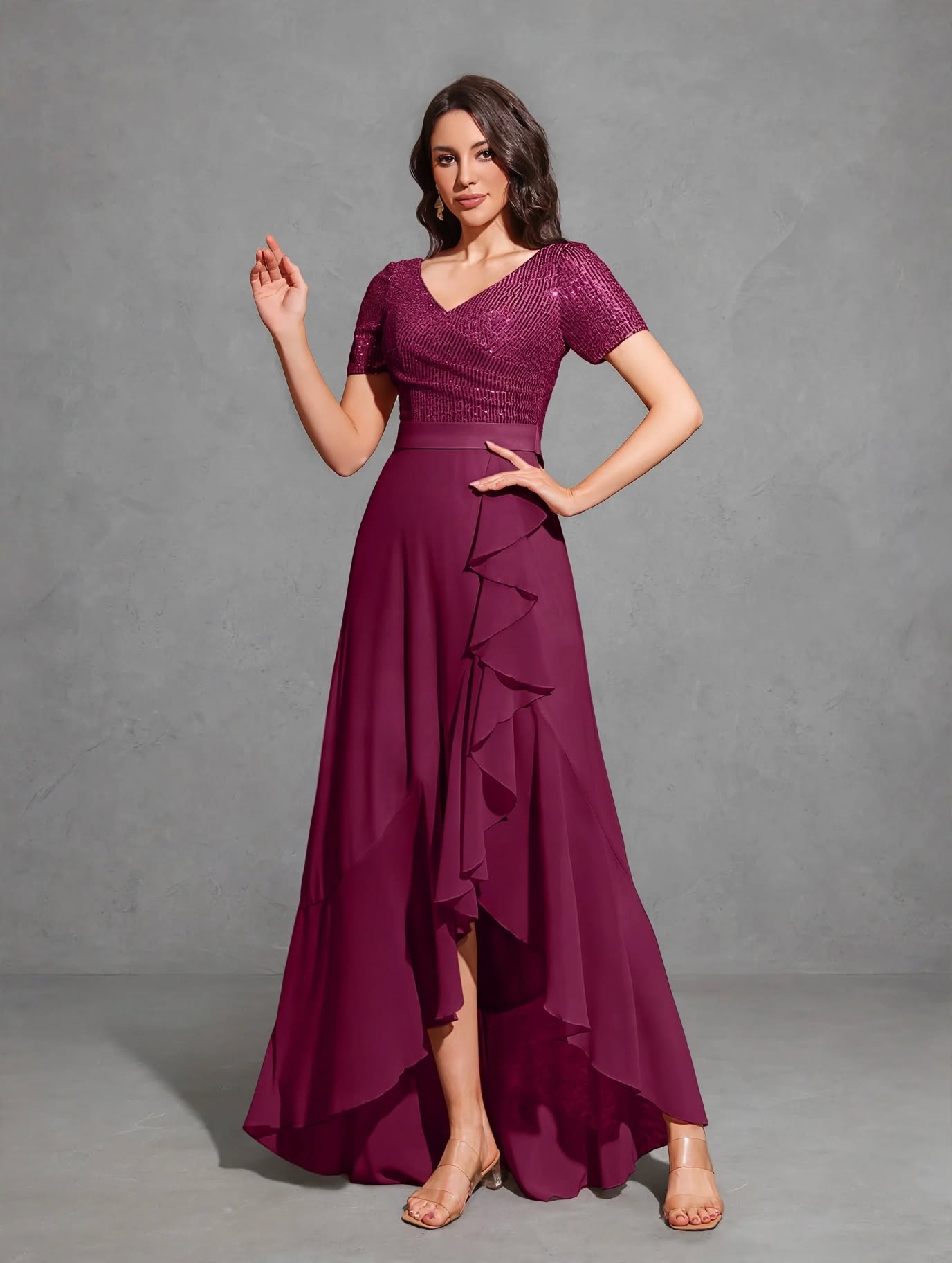 V-neck Short-sleeved Sequined Chiffon Pleated Asymmetrical Hem Dress